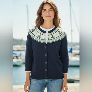 VTG L.L. Bean Anchor Novelty Print Cardigan Blue & White Sz M Nautical Preppy